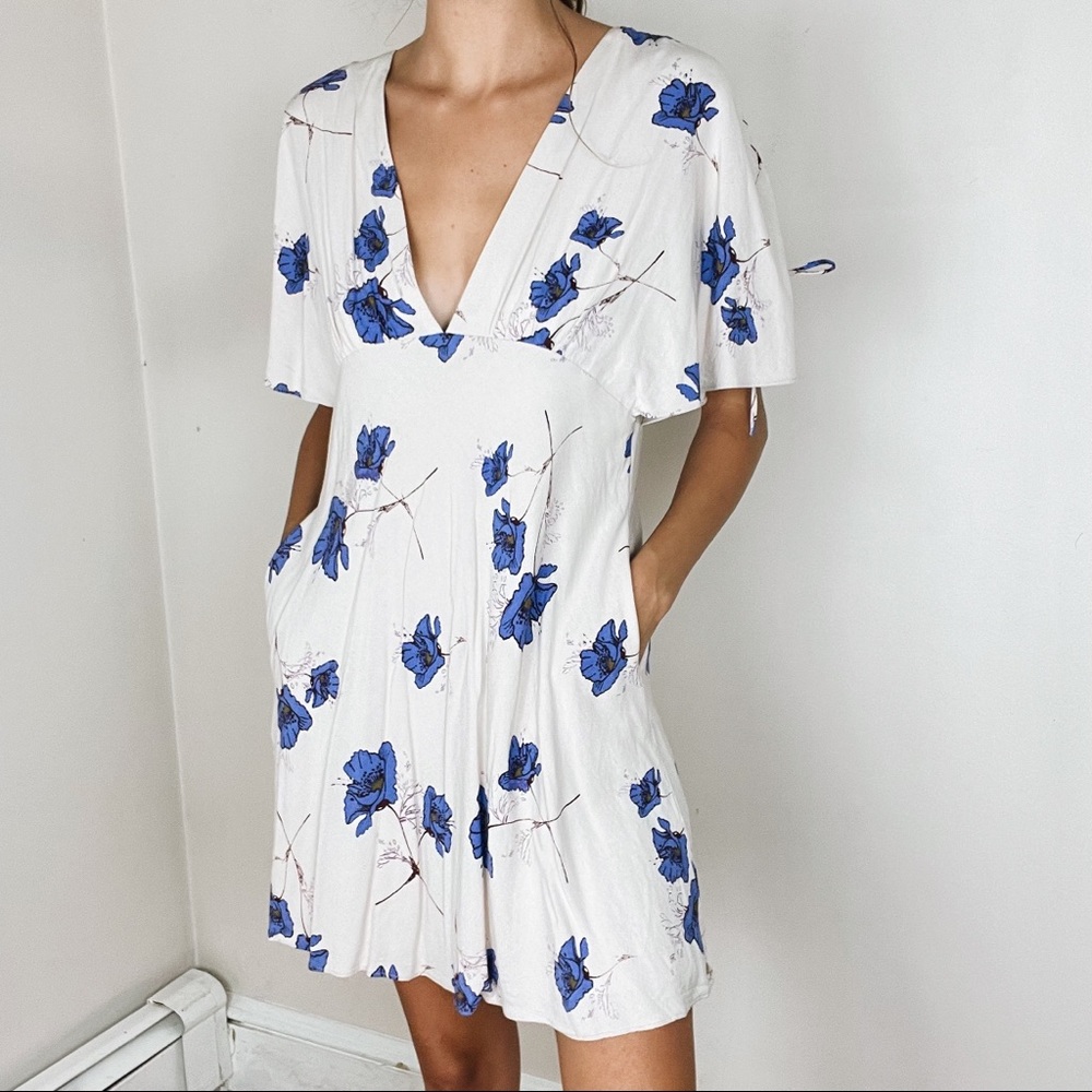 Free People Taupe & Blue Floral Baby Doll Dress